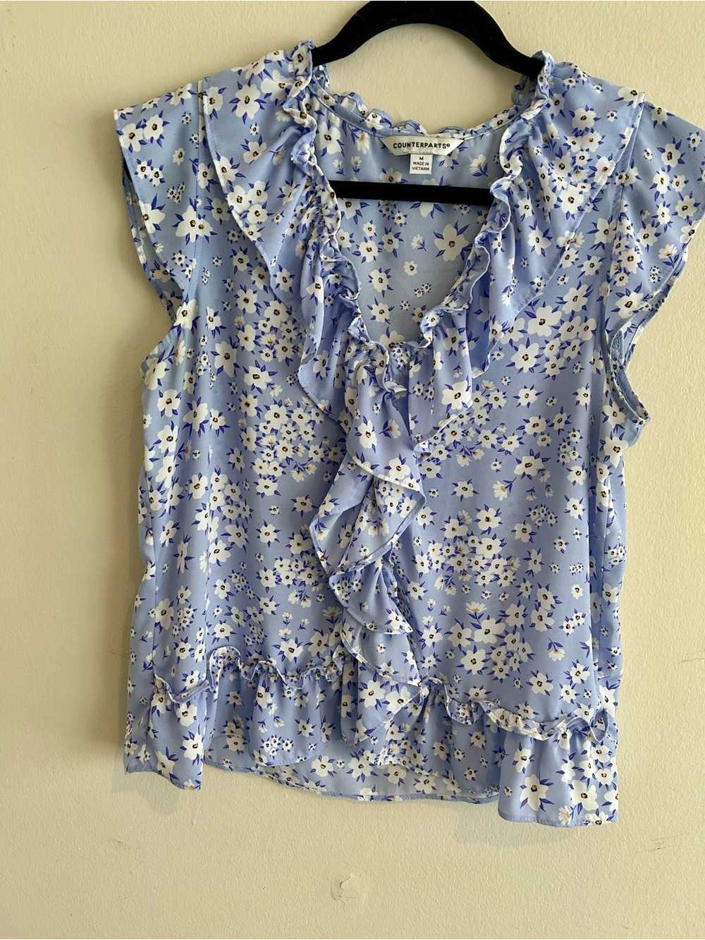 Counterparts Sky Blue Floral Ruffle Front Cap-Sleeve Blouse